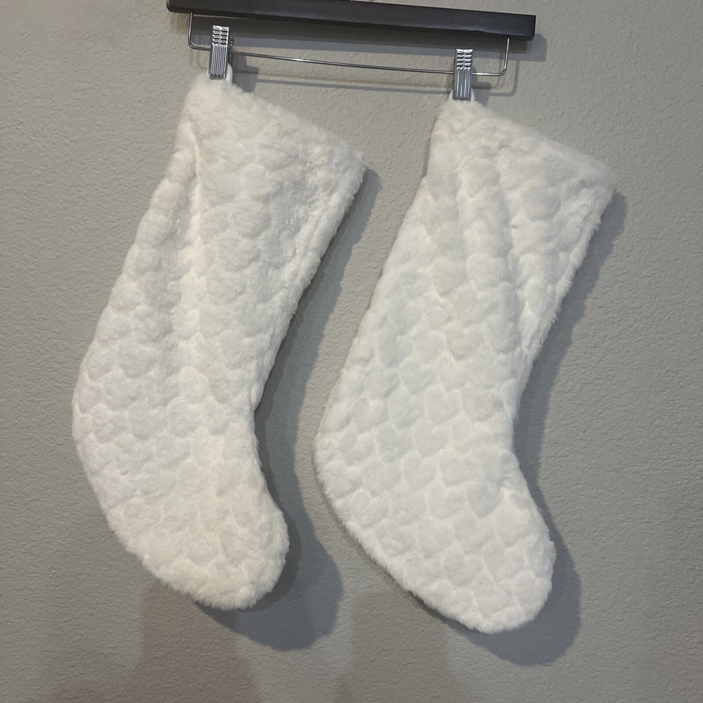 White Fluffy Faux Fur Heart Pattern Holiday Christmas Stockings Set of 2 17in